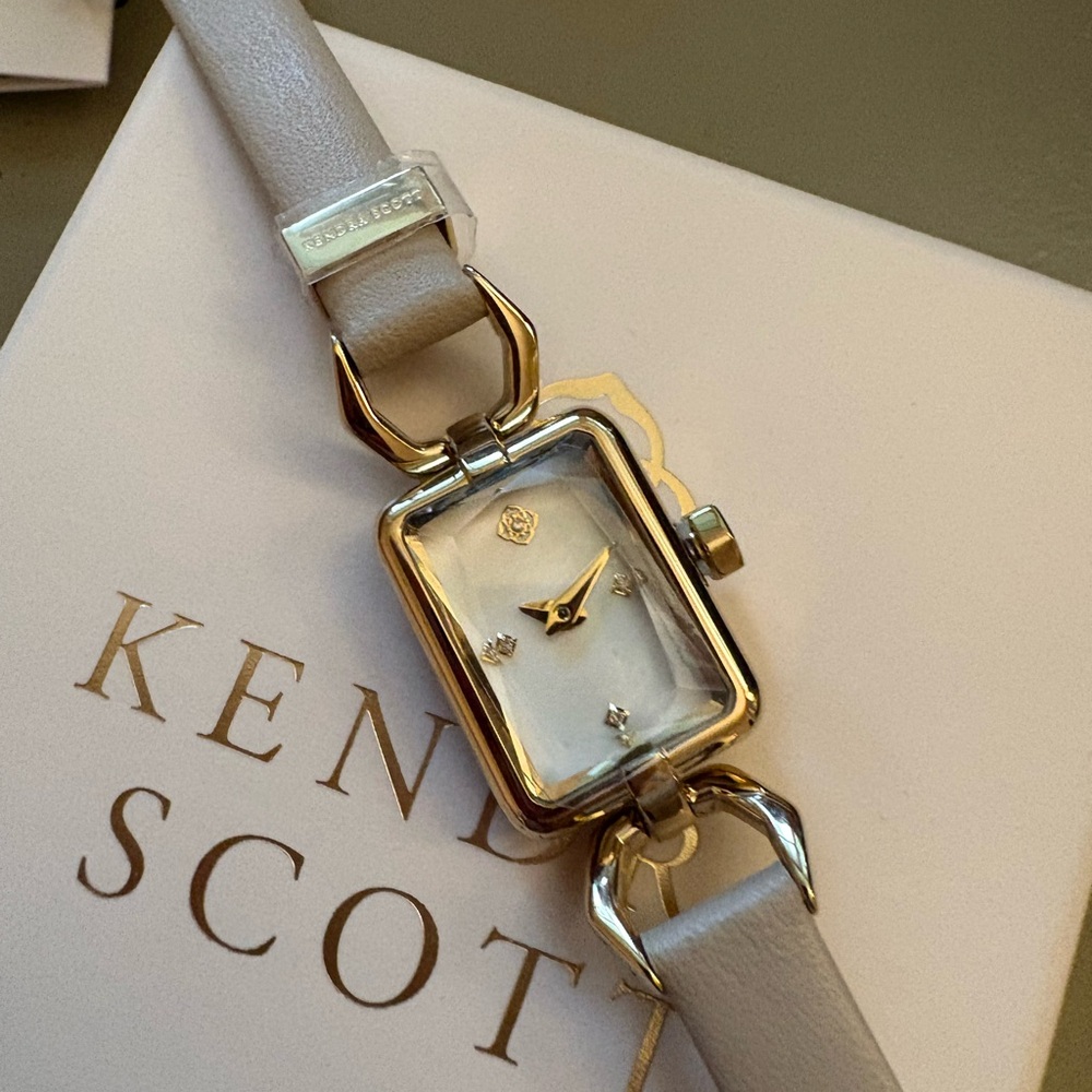 Kenneth Scott Gold-Tone Rectangular Watch with Cream Strap